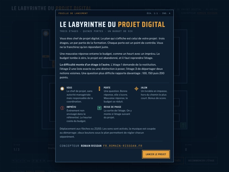Capture du jeu Le Labyrinthe du Projet Digital : la feuille de lancement