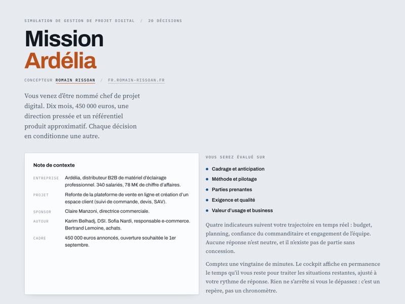 Capture du jeu Mission Ardélia : la note de contexte de la simulation