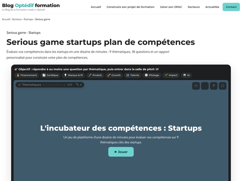 Capture du jeu L'incubateur des compétences : Startups sur le blog Optédif formation