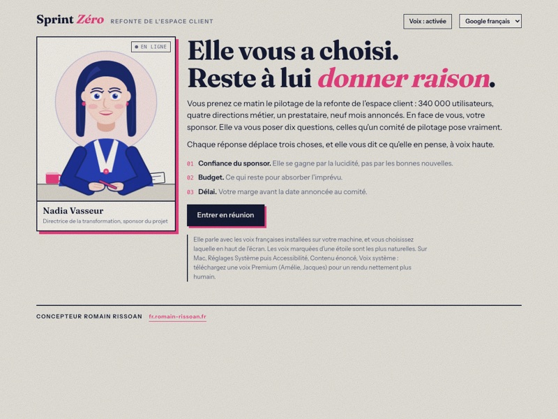 Capture du jeu Sprint Zéro : la sponsor Nadia Vasseur en face à face